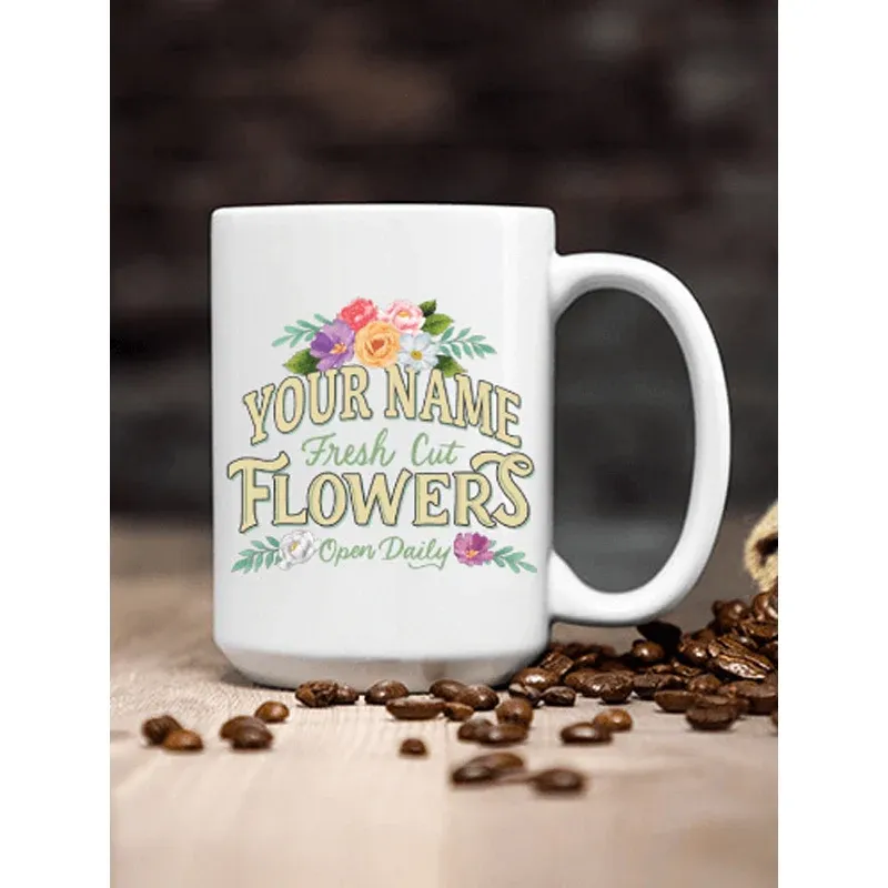 Fresh Cut Flowers White Ceramic Coffee Mug - 11oz Floral Pattern Drinkware