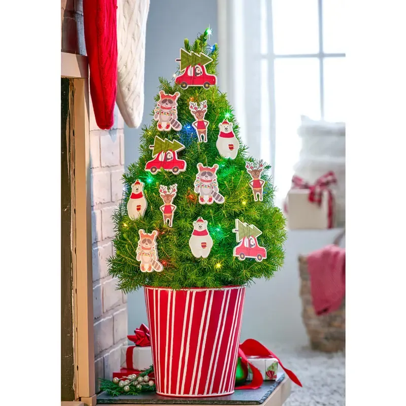 Christmas Critters Potted Spruce Tree - Realistic Tabletop Artificial Pine