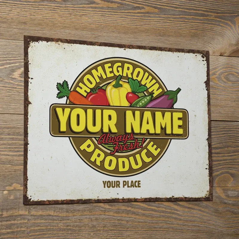 Homegrown Produce Tin Sign - Vintage Style Metal Wall Decor 16 x 12.5 Inches