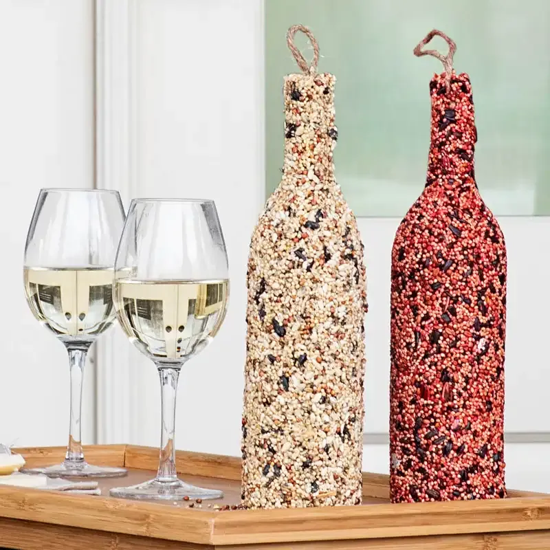 Birdseed Wine Bottles - Set Of 2 Glass Seed Dispensers